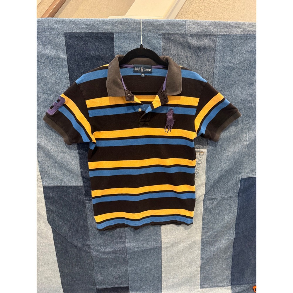 Ralph Lauren Mens Big Pony Striped Polo Shirt Black Yellow Blue Size M Short Slv